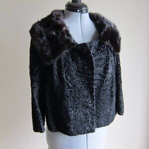 VINTAGE CURTIS STEWART FINE FURS, CROPPED BLACK LAMB AND BEAVER COLLAR JACKET